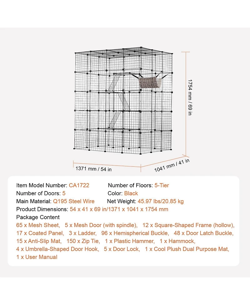 Cozito Cat Cage Large 4-Tier 54x41x69 in Metal Enclosure 5 Doors