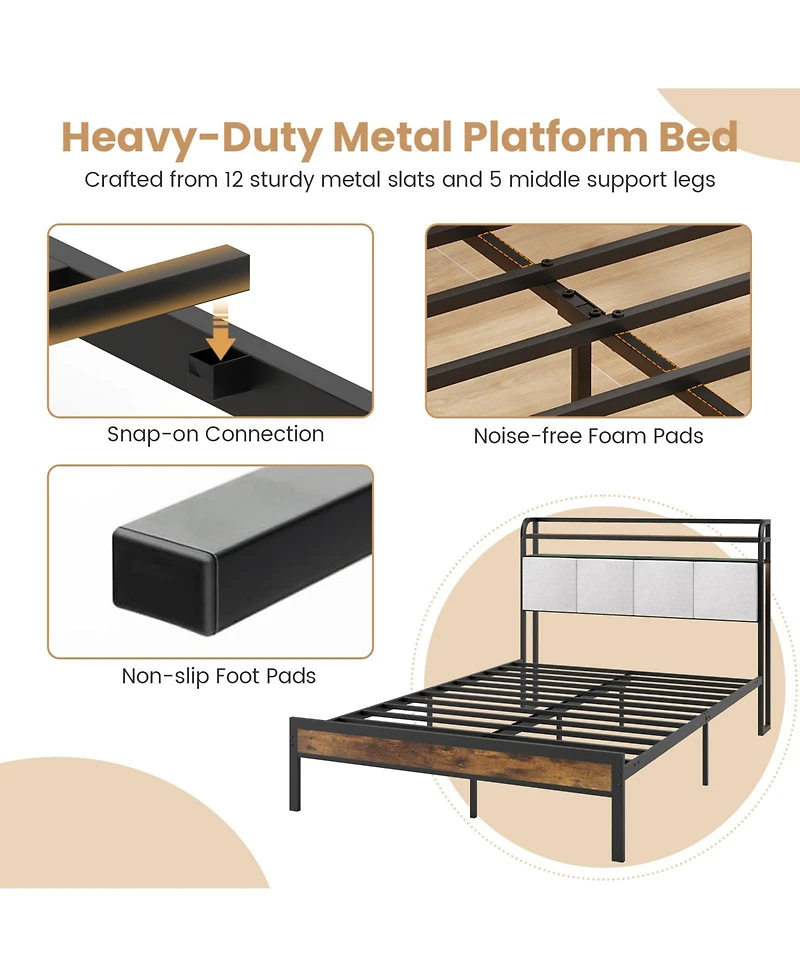 Gymax Full Size Bed Frame Led Light and Charging Station Heavy Duty Metal Platform Bed