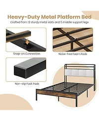 Gymax Full Size Bed Frame Led Light and Charging Station Heavy Duty Metal Platform Bed