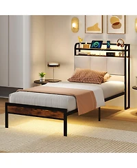 Gymax Twin Size Bed Frame Led Light and Charging Station Heavy Duty Metal Platform Bed