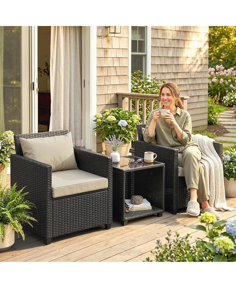 Outsunny 3 Piece Patio Bistro Set, Wicker Furniture Set with Cushions