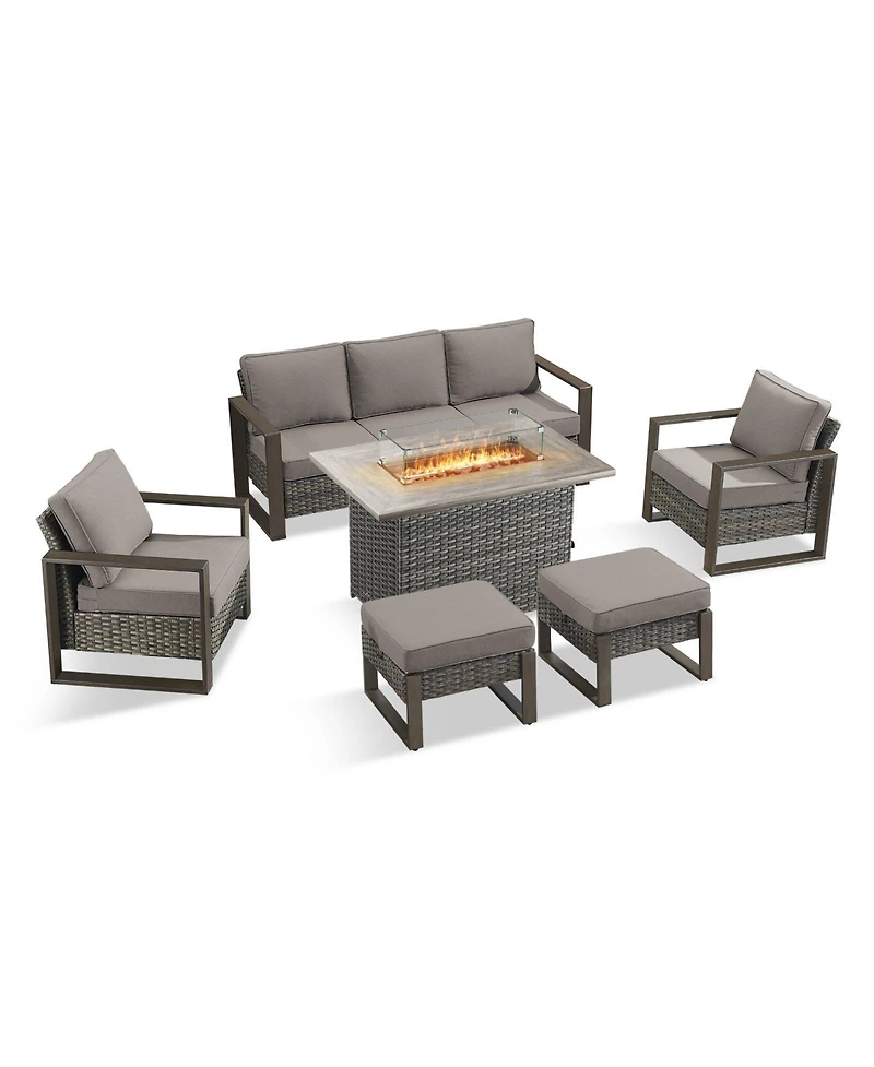 Pocassy Pieces Patio Furniture Set with Fire Pit Table, Patio Conversation Set Wicker Patio Chair Sofa Ottoman with Rectangular Fire Table
