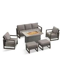 Pocassy Pieces Patio Furniture Set with Fire Pit Table, Patio Conversation Set Wicker Patio Chair Sofa Ottoman with Rectangular Fire Table