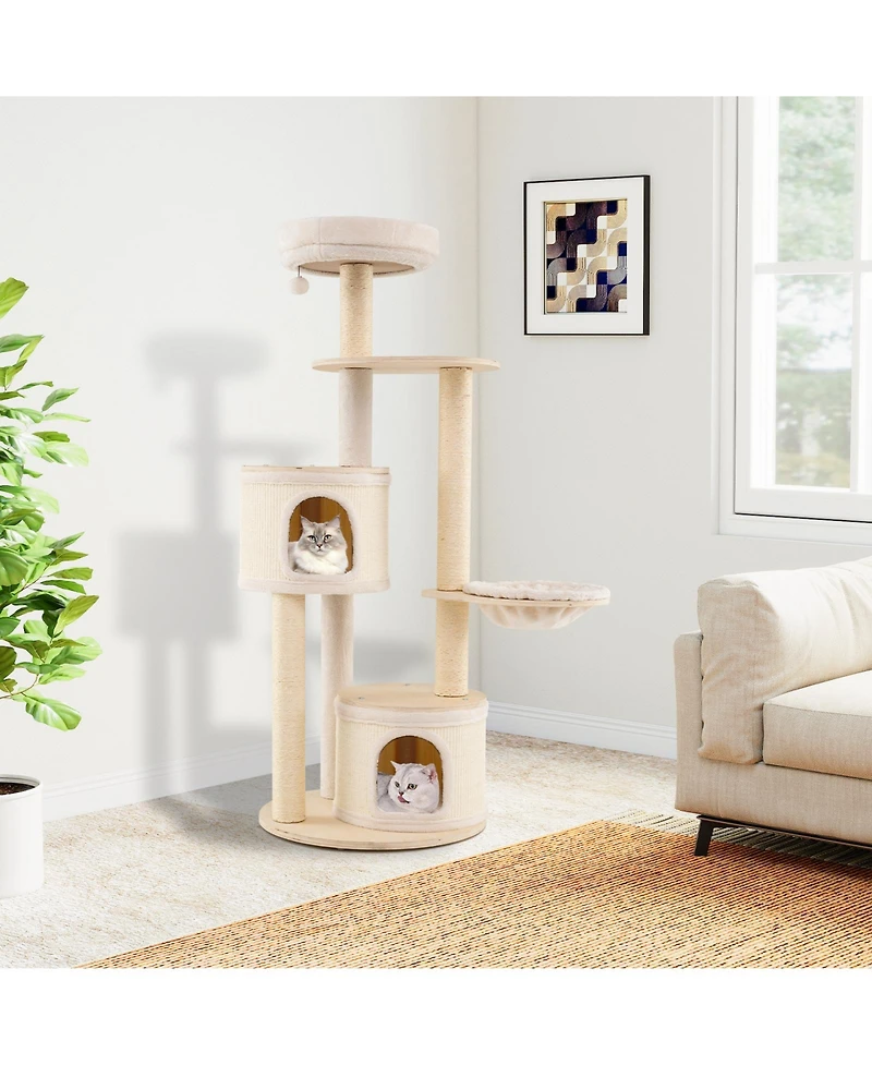 Gymax 60'' Tall Cat Tree Wooden Kitten Tower With Sisal Scratching Posts and Mat 2 Condos Perch Hammock