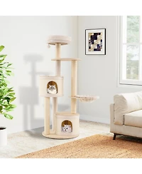 Gymax 60'' Tall Cat Tree Wooden Kitten Tower With Sisal Scratching Posts and Mat 2 Condos Perch Hammock