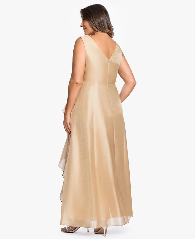 Xscape Plus V-Neck Jacquard Ruffle Gown