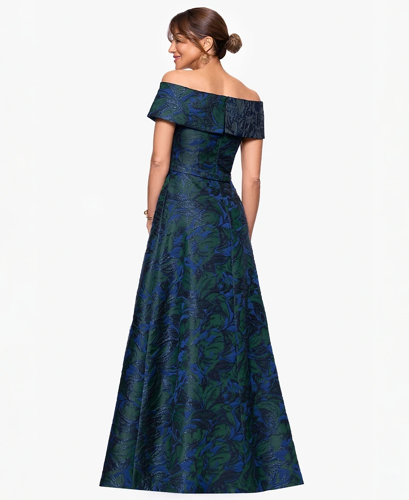 Xscape Petite Off-The-Shoulder Jacquard Ball Gown
