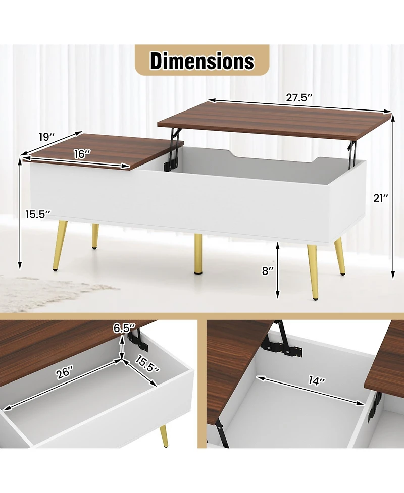 Gymax Lift Top Coffee Table w/ Split Top and 2 Hidden Compartments Tapered Metal Legs