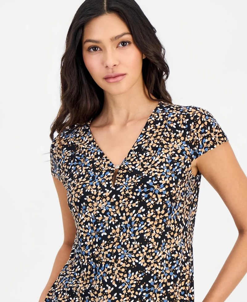 Anne Klein Essentials Printed Pleated-Neck Cap-Sleeve Top