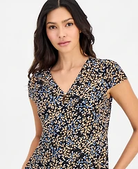 Anne Klein Essentials Printed Pleated-Neck Cap-Sleeve Top