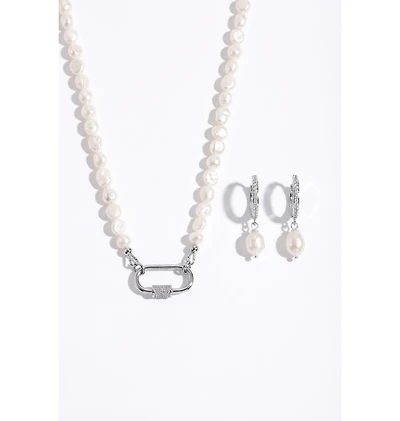 Joey Baby Baroque Pearl Silver-Tone Stainless Steel Necklace And Huggie Earring Set