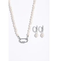 Joey Baby Baroque Pearl Silver-Tone Stainless Steel Necklace And Huggie Earring Set