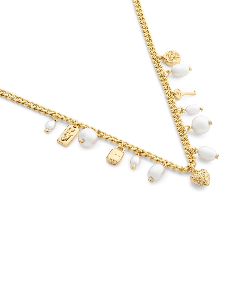 Coach Faux Imitation Pearl Iconic Signature Charm Bib Necklace