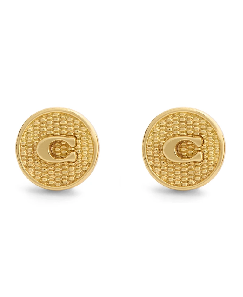 Coach Gold Signature C Textured Coin Stud Earrings