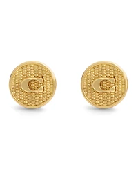 Coach Gold Signature C Textured Coin Stud Earrings