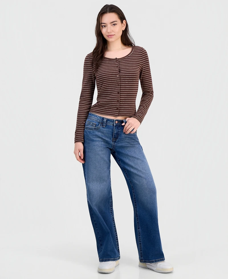 Hippie Rose Juniors' Button-Front Long-Sleeve Top