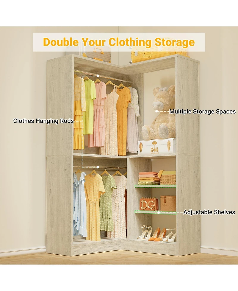 Aheaplus Corner Closet Organizer System, 36'' Wide Freestanding Storage Unit with 2 Hanging Rods and 8 Shelves