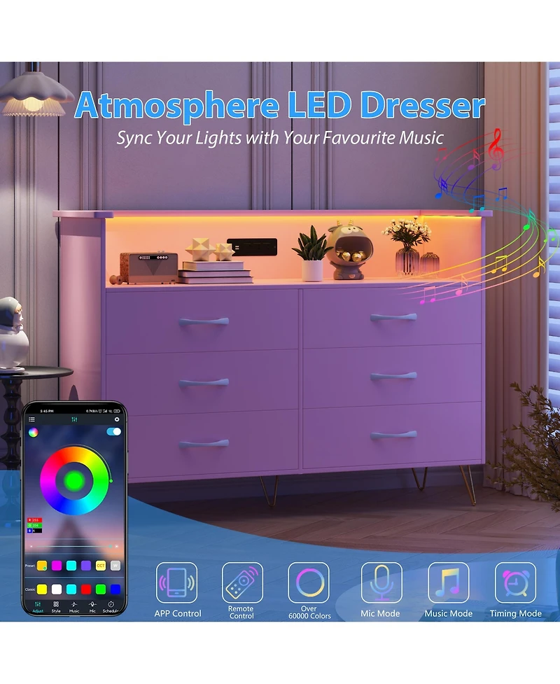 homfan Modern 6-Drawer Dresser with App-Controll Rgb Led Lights and Built-In Charging Station, Water Mark Resistant Mdf Metal Legs, Assembly