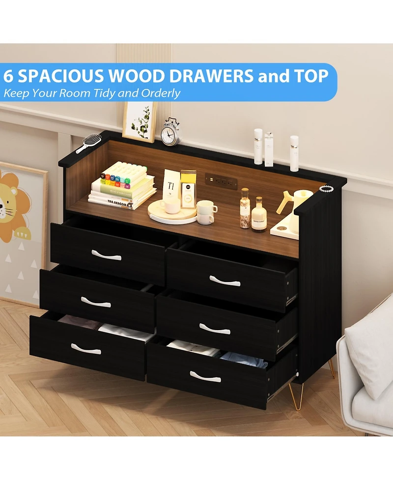 homfan Modern 6-Drawer Dresser with App-Controll Rgb Led Lights and Built-In Charging Station, Water Mark Resistant Mdf Metal Legs, Assembly