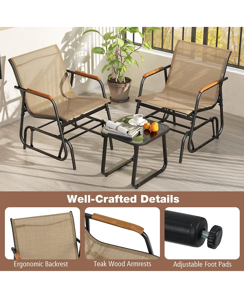 Gymax 3 Piece Outdoor Gliding Set w/ Tempered Glass Coffee Table Teak Wood Armrests
