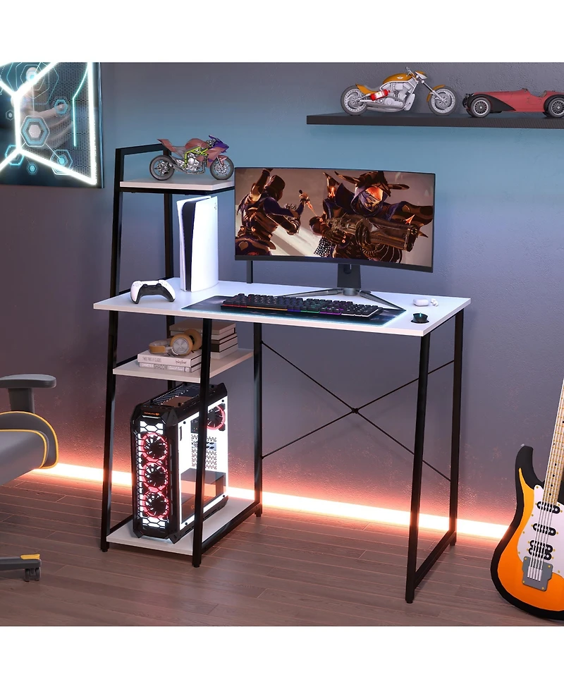 Gymax Computer Desk w/ Shelves 3-Tier Storage Bookshelf Ladder-shaped Metal Frame