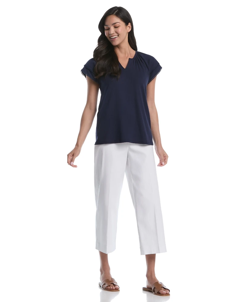Rafaella Women's Petite Eyelet Flutter Sleeve Split Neck Short Top