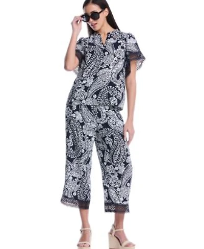 Rafaella Petite Paisley Print Flutter Lace Short Sleeve Blouse Crochet Trim Pants