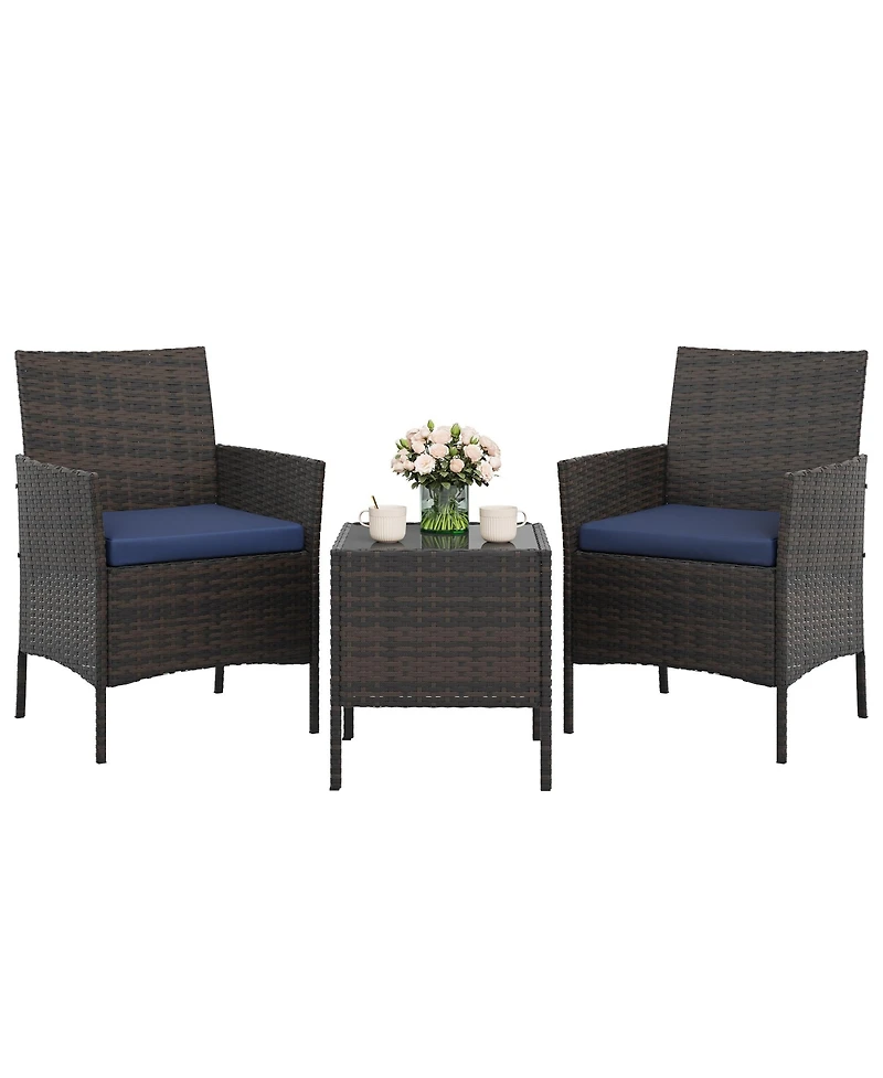 homfan 3-Piece Outdoor Patio Furniture Set with Rattan Wicker Chairs, Glass Top Table and Cushions, Perfect for Porch, Balcony, Backyard, Garden