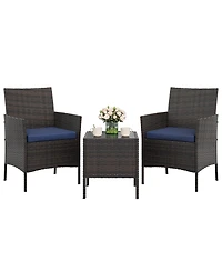 homfan 3-Piece Outdoor Patio Furniture Set with Rattan Wicker Chairs, Glass Top Table and Cushions, Perfect for Porch, Balcony, Backyard, Garden