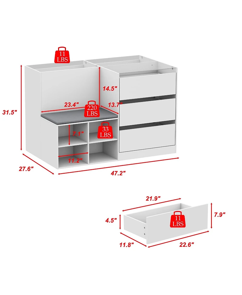 Homsee Modern White Storage Cabinet with Grey Cushion - Tempered Glass Living Room Organizer