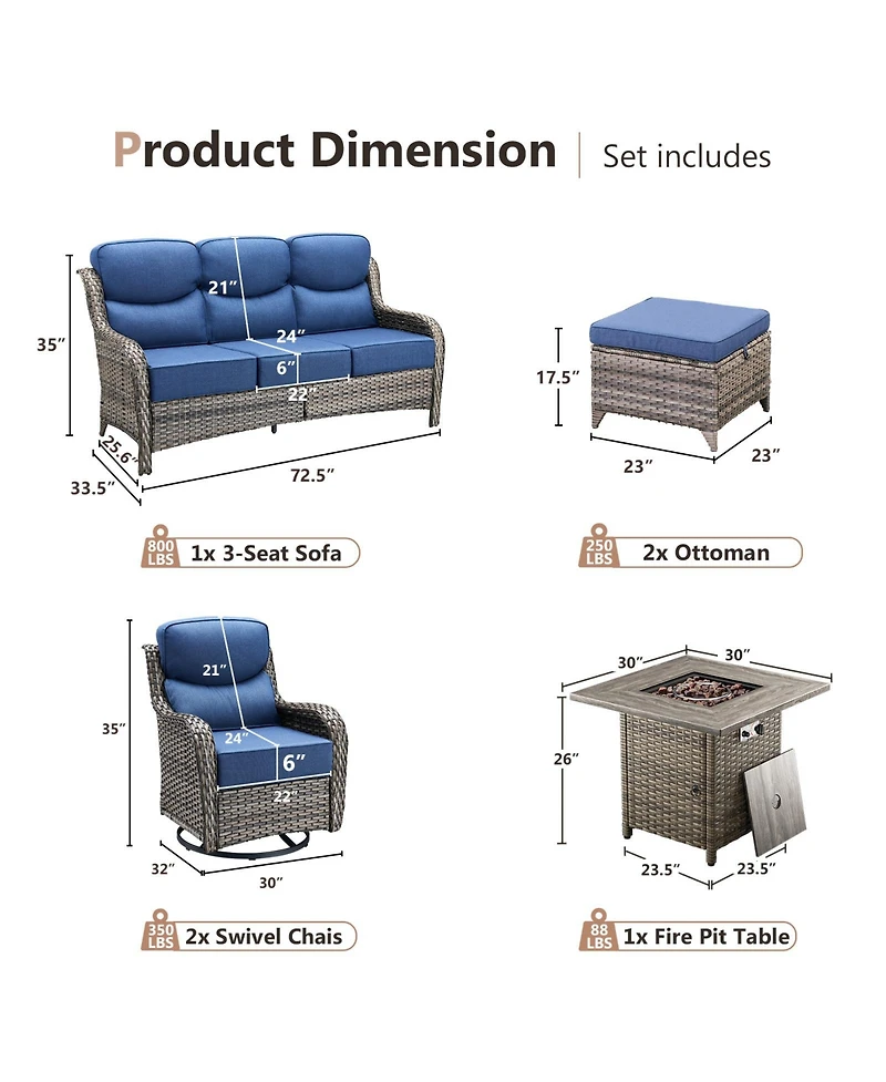 Pocassy Patio Furniture Set with Fire Pit Table, Outdoor Conversation Sets, 6 Pieces 7 Seats Wicker Outside Sectional Sofa