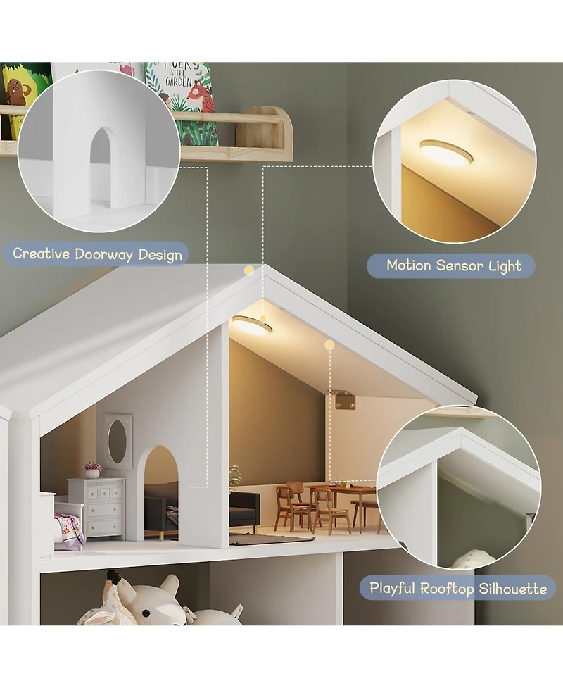 homfan 2-Tier Kids Bookshelf and Toy Storage with Motion Sensor Light, 36.6" Wide Wooden Bookcase for Nursery, Playroom Bedroom