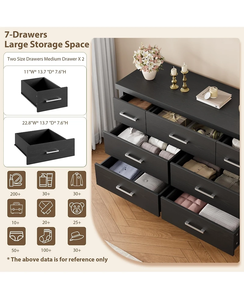 homfan 7 Drawers Modern Wood Dresser, 51" Wide Chest of Closet, Wooden Organizer with Metal Handle, for Bedroom, Living Room