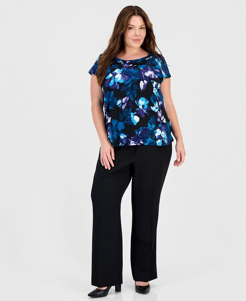 Kasper Plus Printed Cowl-Neck Cap-Sleeve Top