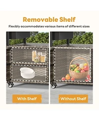 Pocassy Patio Bar Table,Outdoor Kitchen Island with Glass Top,Rattan Patio Storage Cabinet with Wheels,Bar Cart for Poolside and Backyard