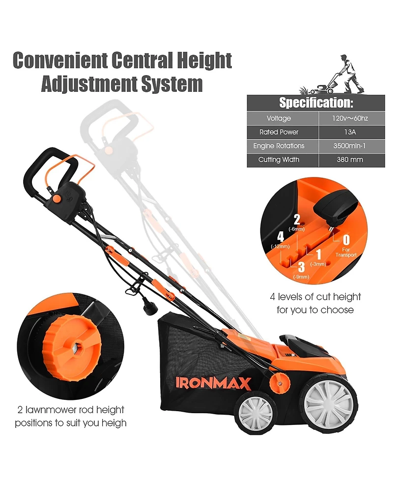 Costway 13Amp Corded Scarifier Width 15inch Electric Lawn Dethatcher w/50L Collection Bag