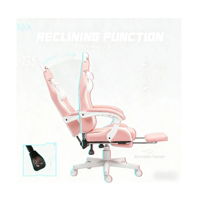 Flynama Cute Cat Style Gaming Chair with Footrest,Faux Leather Gamer Chair