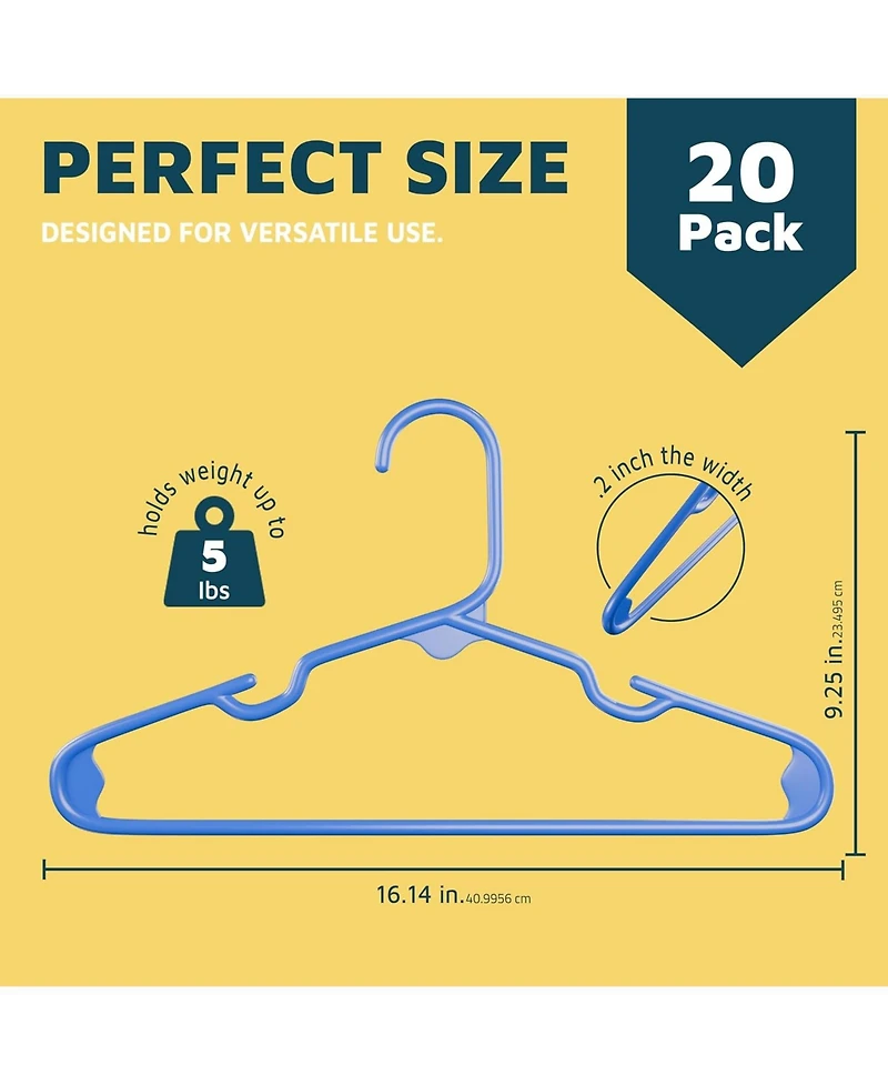 Lifemaster Kids Plastic Hangers, 11.6", with shoulder notches, space-saving, hold 5 pounds, ideal for baby, toddler & kids clothes, 20-pack.