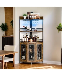 gaomon 64" Tall Wood Corner Bar Cabinet with Power Outlet, Led Lighting, and Glass Holder