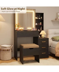 gaomon Makeup Vanity Desk with Sliding Mirror and Lights 4 Drawers 7 Shelves Stool.