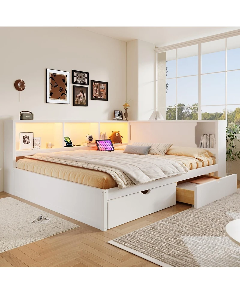 Streamdale Furniture Wood Daybed with Storage Shelves, Usb, Led, and 2 Drawers