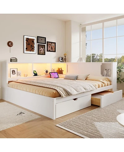 Streamdale Furniture Wood Daybed with Storage Shelves, Usb, Led, and 2 Drawers
