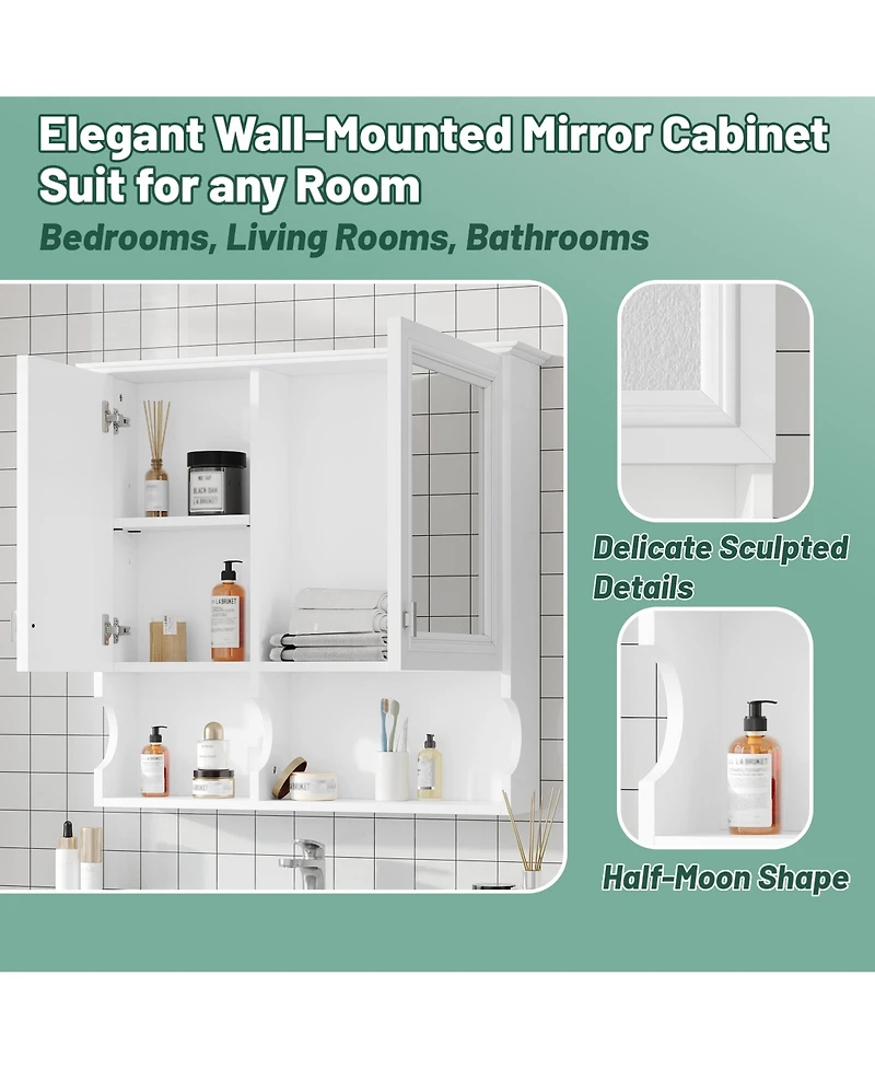 Airsurfer 30 Inch Mirror Medicine Cabinet with Open Shelves Wall Mounted Home Storage Cabinet with Doors and Adjustable Shelf Bathroom Storage