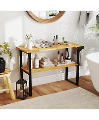 sumyeg 2-Tier Solid Teak Wood Bathroom Shelf with Towel Rack