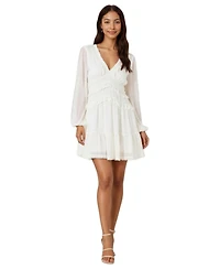 Modenaire Women's Genevieve Chiffon Ruffle V-Neck Long Sleeve Mini Dress