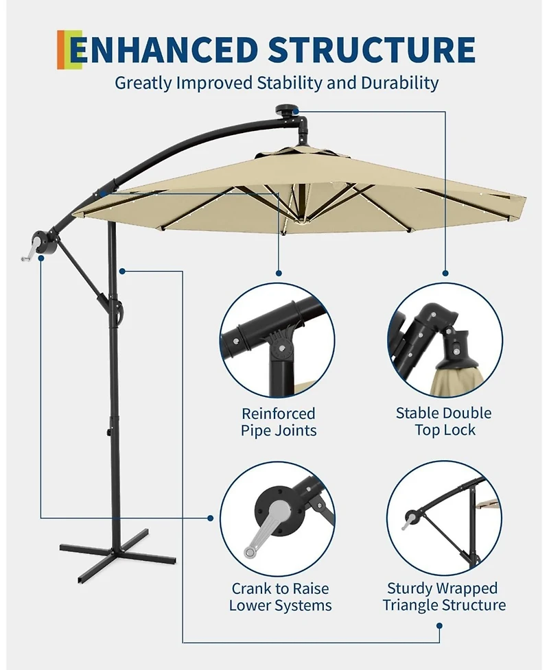 Xo 10 Ft Offset Patio Umbrella with Solar Led Lights, Cantilever Outdoor Umbrella with Infinite Tilt and Cross Base, 32 Led Lights Uv Protection Shade