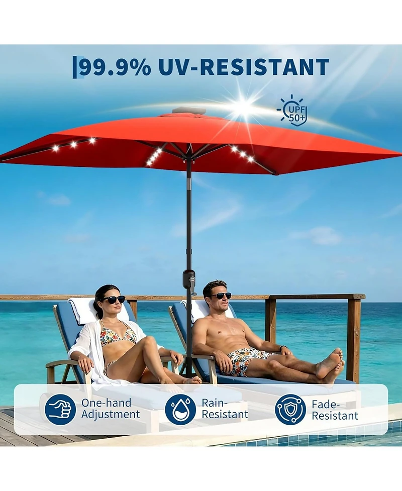 Xo 10 x 6.5 Ft Solar Rectangular Patio Umbrella with Led Lights, Outdoor Market Table Umbrella with Crank Lift, Vented 6-Rib Steel Frame Shade