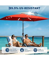Xo 10 x 6.5 Ft Solar Rectangular Patio Umbrella with Led Lights, Outdoor Market Table Umbrella with Crank Lift, Vented 6-Rib Steel Frame Shade
