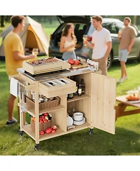 Xo Outdoor Grill Cart with Wheels, Solid Wood Bbq Station, Stainless Steel Top, Storage Rack for Patio