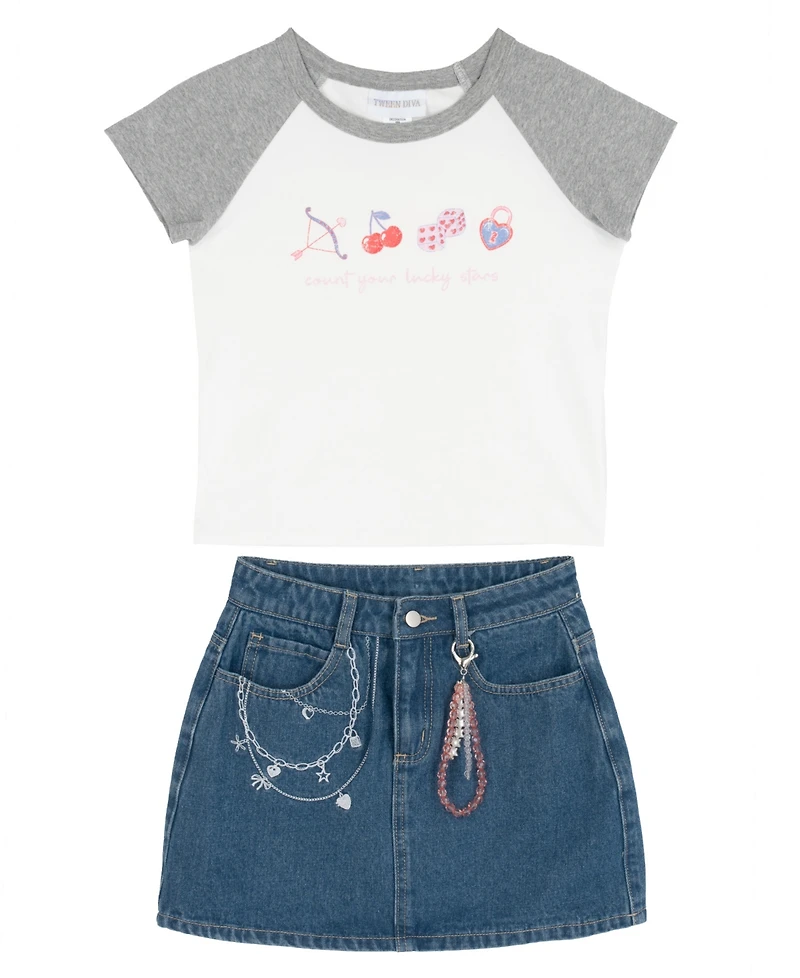 Tween Diva Girls' 7-16 Graphic Raglan T-Shirt and Embroidered Denim Skort, 2-Piece Set